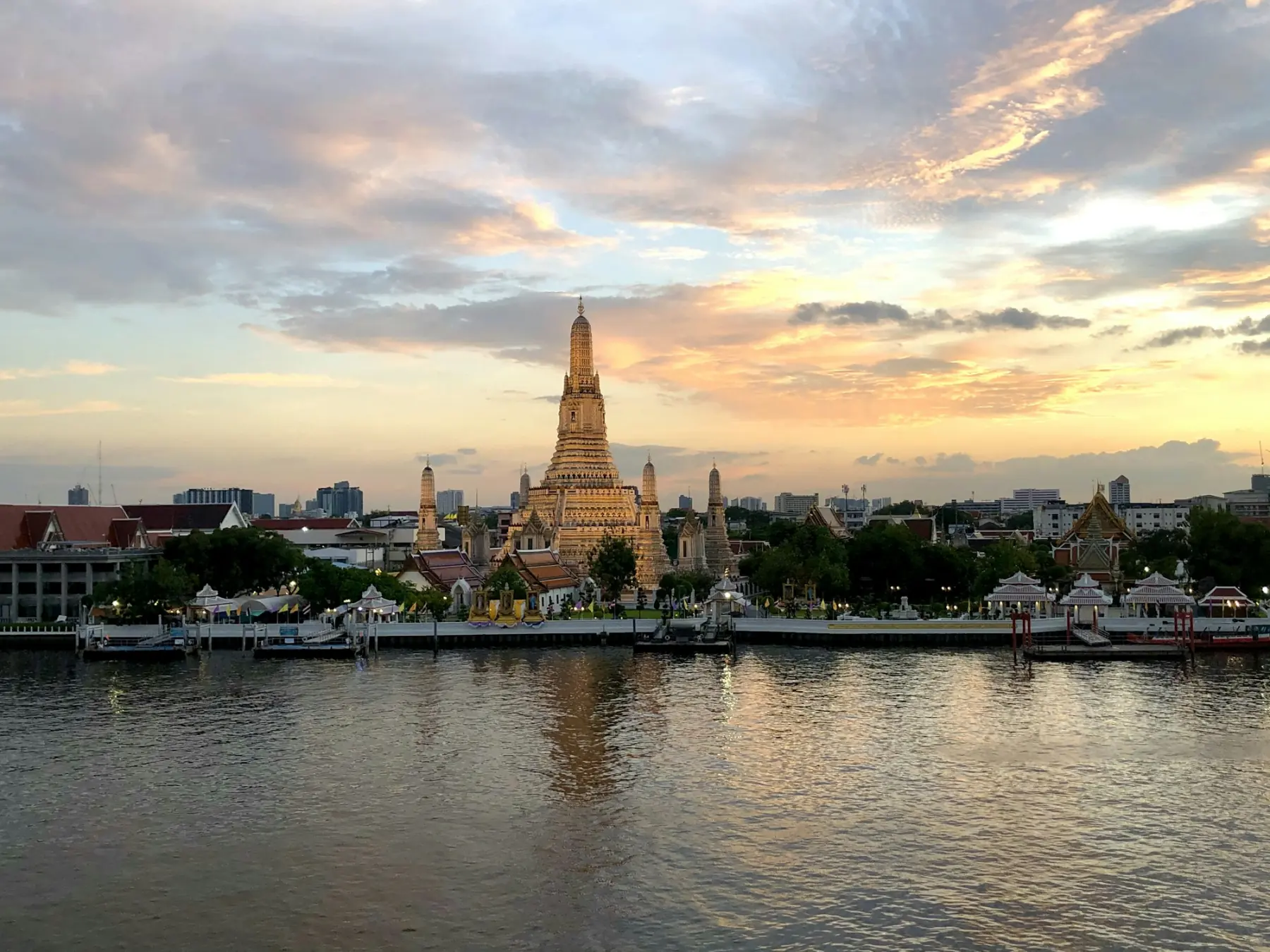 Wat Arun across the Chao Phraya at sunset, Bangkok