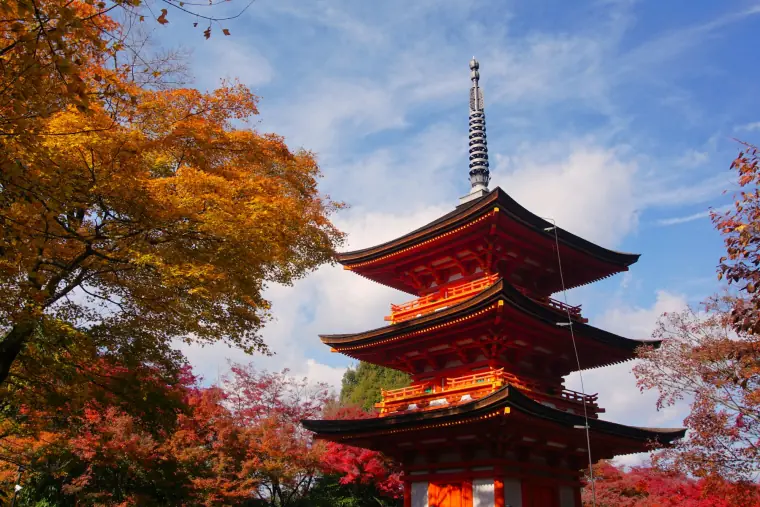 A red pagoda among autumn maples, Japan