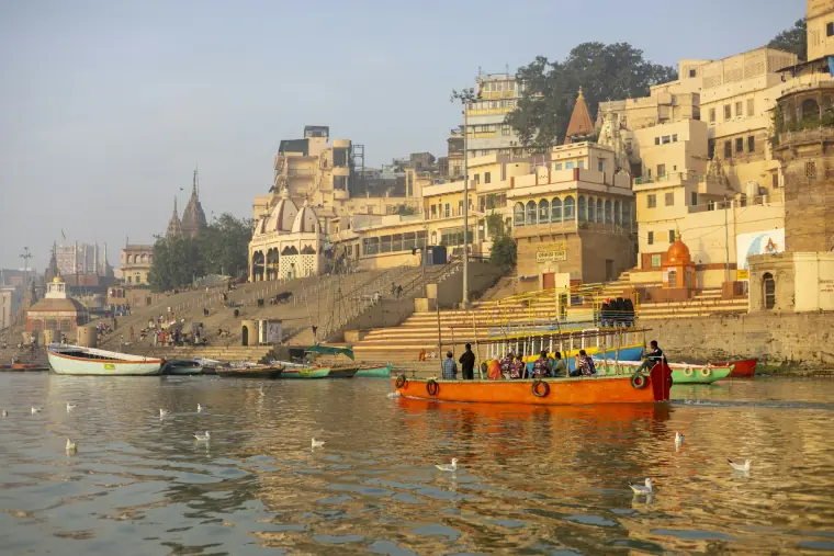 Boats on the Ganges below the ghats of Varanasi