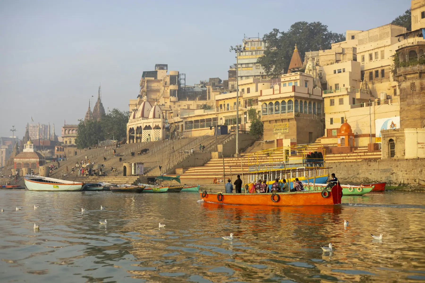 Boats on the Ganges below the ghats of Varanasi